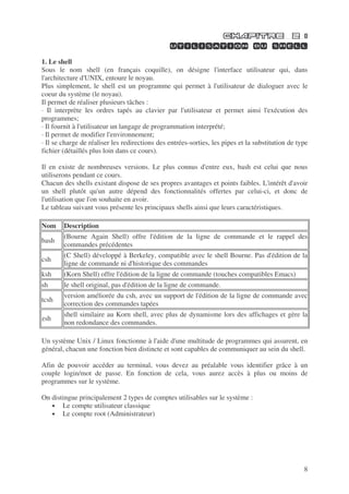 8
1. Le shell
Sous le nom shell (en français coquille), on désigne l'interface utilisateur qui, dans
l'architecture d'UNIX, entoure le noyau.
Plus simplement, le shell est un programme qui permet à l'utilisateur de dialoguer avec le
coeur du système (le noyau).
Il permet de réaliser plusieurs tâches :
· Il interprète les ordres tapés au clavier par l'utilisateur et permet ainsi l'exécution des
programmes;
· Il fournit à l'utilisateur un langage de programmation interprété;
· Il permet de modifier l'environnement;
· Il se charge de réaliser les redirections des entrées-sorties, les pipes et la substitution de type
fichier (détaillés plus loin dans ce cours).
Il en existe de nombreuses versions. Le plus connus d'entre eux, bash est celui que nous
utiliserons pendant ce cours.
Chacun des shells existant dispose de ses propres avantages et points faibles. L'intérêt d'avoir
un shell plutôt qu'un autre dépend des fonctionnalités offertes par celui-ci, et donc de
l'utilisation que l'on souhaite en avoir.
Le tableau suivant vous présente les principaux shells ainsi que leurs caractéristiques.
Nom Description
bash
(Bourne Again Shell) offre l'édition de la ligne de commande et le rappel des
commandes précédentes
csh
(C Shell) développé à Berkeley, compatible avec le shell Bourne. Pas d'édition de la
ligne de commande ni d'historique des commandes
ksh (Korn Shell) offre l'édition de la ligne de commande (touches compatibles Emacs)
sh le shell original, pas d'édition de la ligne de commande.
tcsh
version améliorée du csh, avec un support de l'édition de la ligne de commande avec
correction des commandes tapées
zsh
shell similaire au Korn shell, avec plus de dynamisme lors des affichages et gère la
non redondance des commandes.
Un système Unix / Linux fonctionne à l'aide d'une multitude de programmes qui assurent, en
général, chacun une fonction bien distincte et sont capables de communiquer au sein du shell.
Afin de pouvoir accéder au terminal, vous devez au préalable vous identifier grâce à un
couple login/mot de passe. En fonction de cela, vous aurez accès à plus ou moins de
programmes sur le système.
On distingue principalement 2 types de comptes utilisables sur le système :
• Le compte utilisateur classique
• Le compte root (Administrateur)
 