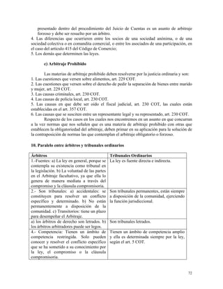 presentado dentro del procedimiento del Juicio de Cuentas es un asunto de arbitraje
forzoso y debe ser resuelto por un árbitro.
4. Las diferencias que ocurrieren entre los socios de una sociedad anónima, o de una
sociedad colectiva o en comandita comercial, o entre los asociados de una participación, en
el caso del artículo 415 del Código de Comercio;
5. Los demás que determinen las leyes.
c) Arbitraje Prohibido
Las materias de arbitraje prohibido deben resolverse por la justicia ordinaria y son:
1. Las cuestiones que versen sobre alimentos, art. 229 COT.
2. Las cuestiones que versen sobre el derecho de pedir la separación de bienes entre marido
y mujer, art. 229 COT.
3. Las causas criminales, art. 230 COT.
4. Las causas de policía local, art. 230 COT.
5. Las causas en que debe ser oído el fiscal judicial, art. 230 COT, las cuales están
establecidas en el art. 357 COT.
6. Las causas que se susciten entre un representante legal y su representado, art. 230 COT.
Respecto de los casos en los cuales nos encontremos en un asunto en que concurran
a la vez normas que nos señalen que es una materia de arbitraje prohibido con otras que
establecen la obligatoriedad del arbitraje, deben primar en su aplicación para la solución de
la contraposición de normas las que contemplan el arbitraje obligatorio o forzoso.
10. Paralelo entre árbitros y tribunales ordinarios
Árbitros Tribunales Ordinarios
1.-Fuentes: a) La ley en general, porque se
contempla su existencia como tribunal en
la legislación. b) La voluntad de las partes
en el Arbitraje facultativo, ya que ella lo
genera de manera mediata a través del
compromiso y la cláusula compromisoria.
La ley es fuente directa e indirecta.
2.- Son tribunales: a) accidentales: se
constituyen para resolver un conflicto
específico y determinado. b) No están
permanentemente a disposición de la
comunidad. c) Transitorios: tiene un plazo
para desempeñar el Arbitraje.
Son tribunales permanentes, están siempre
a disposición de la comunidad, ejerciendo
la función jurisdiccional.
a) los árbitros de derecho son letrados. b)
los árbitros arbitradores puede ser legos.
Son tribunales letrados.
4.- Competencia: Tienen un ámbito de
competencia restringida. Solo pueden
conocer y resolver el conflicto específico
que se ha sometido a su conocimiento por
la ley, el compromiso o la cláusula
compromisoria.
Tienen un ámbito de competencia amplio
y ella es determinada siempre por la ley,
según el art. 5 COT.
72
 