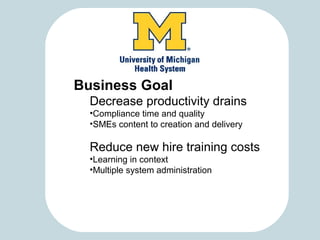 Business Goal
Decrease productivity drains
•Compliance time and quality
•SMEs content to creation and delivery
Reduce new hire training costs
•Learning in context
•Multiple system administration
 
