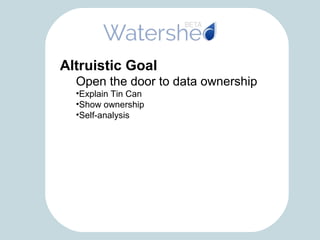 Altruistic Goal
Open the door to data ownership
•Explain Tin Can
•Show ownership
•Self-analysis
 
