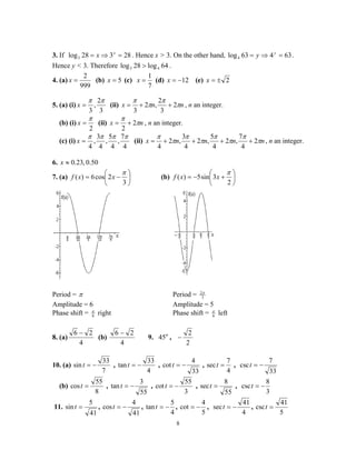 8
3. If 28328log3 =⇒= x
x . Hence x > 3. On the other hand, 63463log4 =⇒= y
y .
Hence y < 3. Therefore 64log28log 43 > .
4. (a)
999
2
=x (b) 5=x (c)
7
1
=x (d) 12−=x (e) 2±=x
5. (a) (i)
3
2
,
3
ππ
=x (ii) nnx π
π
π
π
2
3
2
,2
3
++= , n an integer.
(b) (i)
2
π
=x (ii) nx π
π
2
2
+= , n an integer.
(c) (i)
4
7
,
4
5
,
4
3
,
4
ππππ
=x (ii) nnnnx π
π
π
π
π
π
π
π
2
4
7
,2
4
5
,2
4
3
,2
4
++++= , n an integer.
6. 50.0,23.0≈x
7. (a) 





−=
3
2cos6)(
π
xxf (b) 





+−=
2
3sin5)(
π
xxf
Period = π Period = 3
2π
Amplitude = 6 Amplitude = 5
Phase shift = 6
π
right Phase shift = 6
π
left
8. (a)
4
26 −
(b)
4
26 −
9. 45o
,
2
2
−
10. (a)
7
33
sin −=t ,
4
33
tan −=t ,
33
4
cot −=t ,
4
7
sec =t ,
33
7
csc −=t
(b)
8
55
cos =t ,
55
3
tan −=t ,
3
55
cot −=t ,
55
8
sec =t ,
3
8
csc −=t
11.
41
5
sin =t ,
41
4
cos −=t ,
4
5
tan −=t ,
5
4
cot −= ,
4
41
sec −=t ,
5
41
csc =t
 