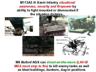 M113A3 /4 Gavin Infantry situational
  awareness, security and firepower by
 ability to fight mounted or dismounted if
           the situation dictates...




 M8 Buford AGS can shoot-on-the-move (LAV-III
MGS must stop to fire) to kill enemy tanks as well
  as blast buildings, bunkers, dug-in positions
 