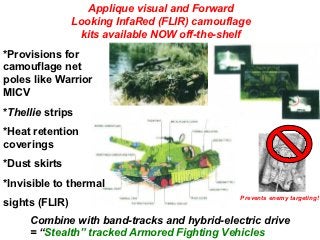 Applique visual and Forward
                Looking InfaRed (FLIR) camouflage
                 kits available NOW off-the-shelf
*Provisions for
camouflage net
poles like Warrior
MICV
*Thellie strips
*Heat retention
coverings
*Dust skirts
*Invisible to thermal
                                               Prevents enemy targeting!
sights (FLIR)
     Combine with band-tracks and hybrid-electric drive
     = “Stealth” tracked Armored Fighting Vehicles
 