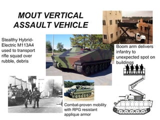 MOUT VERTICAL
     ASSAULT VEHICLE
Stealthy Hybrid-
Electric M113A4                              Boom arm delivers
used to transport                            infantry to
rifle squad over                             unexpected spot on
rubble, debris                               buildings




                    Combat-proven mobility
                    with RPG resistant
                    applique armor
 