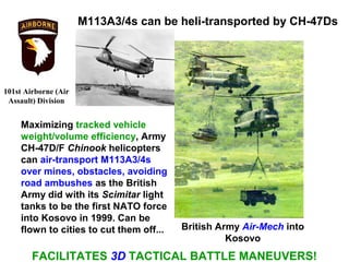 M113A3/4s can be heli-transported by CH-47Ds




101st Airborne (Air
 Assault) Division


     Maximizing tracked vehicle
     weight/volume efficiency, Army
     CH-47D/F Chinook helicopters
     can air-transport M113A3/4s
     over mines, obstacles, avoiding
     road ambushes as the British
     Army did with its Scimitar light
     tanks to be the first NATO force
     into Kosovo in 1999. Can be
     flown to cities to cut them off...   British Army Air-Mech into
                                                    Kosovo
        FACILITATES 3D TACTICAL BATTLE MANEUVERS!
 