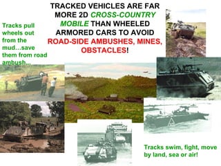 TRACKED VEHICLES ARE FAR
                   MORE 2D CROSS-COUNTRY
Tracks pull         MOBILE THAN WHEELED
wheels out         ARMORED CARS TO AVOID
from the         ROAD-SIDE AMBUSHES, MINES,
mud…save                 OBSTACLES!
them from road
ambush...




                                      Tracks swim, fight, move
                                      by land, sea or air!
 