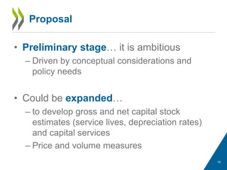 • Preliminary stage… it is ambitious
– Driven by conceptual considerations and
policy needs
• Could be expanded…
– to develop gross and net capital stock
estimates (service lives, depreciation rates)
and capital services
– Price and volume measures
Proposal
19
 