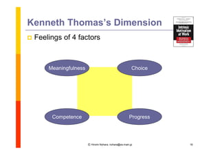 Kenneth Thomas’ Dimension
              s
   Feelings of 4 factors



        Meaningfulness                                    Choice




         Competence                                     Progress




                         Ⓒ Hiromi Nohara, nohara@es.main.jp        16
 