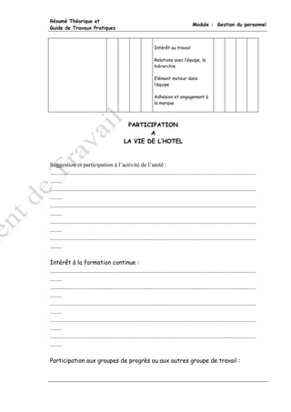 Résumé Théorique et
                                                           Module : Gestion du personnel
Guide de Travaux Pratiques



                                      Intérêt au travail

                                      Relations avec l’équipe, la
                                      hiérarchie

                                      Elément moteur dans
                                      l’équipe

                                      Adhésion et engagement à
                                      la marque




                              PARTICIPATION
                                     A
                             LA VIE DE L’HOTEL



Suggestion et participation à l’activité de l’unité :
…………………………………………………………………………………………………………………………………………
………
…………………………………………………………………………………………………………………………………………
………
…………………………………………………………………………………………………………………………………………
………
…………………………………………………………………………………………………………………………………………
………
…………………………………………………………………………………………………………………………………………
………

Intérêt à la formation continue :
…………………………………………………………………………………………………………………………………………
………
…………………………………………………………………………………………………………………………………………
………
…………………………………………………………………………………………………………………………………………
………
…………………………………………………………………………………………………………………………………………
………
…………………………………………………………………………………………………………………………………………
………

Participation aux groupes de progrès ou aux autres groupe de travail :
 