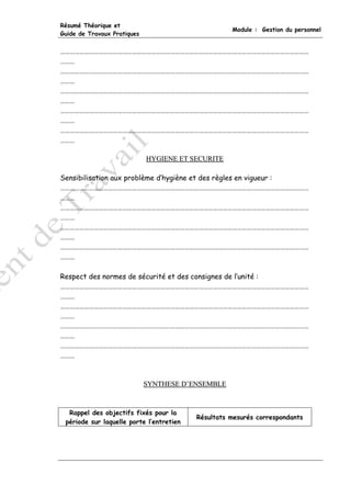 Résumé Théorique et
                                                    Module : Gestion du personnel
Guide de Travaux Pratiques


…………………………………………………………………………………………………………………………………………
………
…………………………………………………………………………………………………………………………………………
………
…………………………………………………………………………………………………………………………………………
………
…………………………………………………………………………………………………………………………………………
………
…………………………………………………………………………………………………………………………………………
………

                             HYGIENE ET SECURITE

Sensibilisation aux problème d’hygiène et des règles en vigueur :
…………………………………………………………………………………………………………………………………………
………
…………………………………………………………………………………………………………………………………………
………
…………………………………………………………………………………………………………………………………………
………
…………………………………………………………………………………………………………………………………………
………

Respect des normes de sécurité et des consignes de l’unité :
…………………………………………………………………………………………………………………………………………
………
…………………………………………………………………………………………………………………………………………
………
…………………………………………………………………………………………………………………………………………
………
…………………………………………………………………………………………………………………………………………
………



                             SYNTHESE D’ENSEMBLE



  Rappel des objectifs fixés pour la
                                          Résultats mesurés correspondants
 période sur laquelle porte l’entretien
 