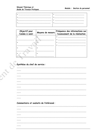Résumé Théorique et
                                                  Module : Gestion du personnel
Guide de Travaux Pratiques


- ………………………………………………………………           - …………………………………………………………
-………………………………………………………………..          -………………………………………………………….
-…………………………………………………………………           - ………………………………………………………..
-……………………………………………………………….           -…………………………………………………………



   Objectif pour                          Fréquence des informations sur
                       Moyens de mesure
  l’année à venir                          l’avancement de la réalisation
-                      -                  - ………………………………………………………
…………………………………          …………………………………      - ……………………………………………………..
-                      -                  - ……………………………………………………..
…………………………………          …………………………………      - ……………………………………………………..
-                      -
…………………………………          …………………………………
-                      -
…………………………………          …………………………………



Synthèse du chef de service :
…………………………………………………………………………………………………………………………………………
………
…………………………………………………………………………………………………………………………………………
………
…………………………………………………………………………………………………………………………………………
………
…………………………………………………………………………………………………………………………………………
………
…………………………………………………………………………………………………………………………………………
………
…………………………………………………………………………………………………………………………………………
………

Commentaire et souhaits de l’intéressé :
…………………………………………………………………………………………………………………………………………
………
…………………………………………………………………………………………………………………………………………
………
…………………………………………………………………………………………………………………………………………
………
…………………………………………………………………………………………………………………………………………
………
 