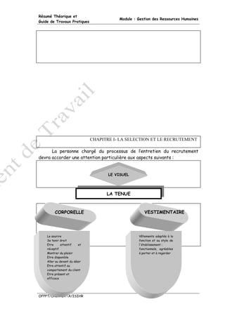 Résumé Théorique et
                                          Module : Gestion des Ressources Humaines
Guide de Travaux Pratiques




                               CHAPITRE I- LA SELECTION ET LE RECRUTEMENT

      La personne chargé du processus de l’entretien du recrutement
devra accorder une attention particulière aux aspects suivants :


                                      LE VISUEL




                                     LA TENUE



         CORPORELLE                                   VESTIMENTAIRE




    Le sourire                                     Vêtements adaptés à la
    Se tenir droit                                 fonction et au style de
    Etre      attentif    et                       l'établissement ;
    réceptif                                       fonctionnels, agréables
    Montrer du plaisir                             à porter et à regarder
    Etre disponible
    Aller au devant du désir
    Etre attentif au
    comportement du client
    Etre présent et
    efficace




OFPPT/DRIF/DRTA/ISIHR
 