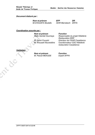 Résumé Théorique et
                                      Module : Gestion des Ressources Humaines
Guide de Travaux Pratiques



Document élaboré par :

                   Nom et prénom              EFP            DR
                   M.CHOUAFA Mustafa          ISHR Marrakech DRTA


Coordination assurée par :
                     Nom et prénom              Fonction
                     Melle Samlali Soumaya      Responsable du projet Hôtellerie
                                                Restauration DRIF
                     M. Samir Fousshi           Directeur de l’ISHR Casablanca
                     M. Khouadri Noureddine     Coordonnateur CDC Hôtellerie
                                                restauration Casablanca

Validation
                     Nom et prénom              Fonction
                     M. Pascal MEAUDE           Expert AFPA




OFPPT/DRIF/DRTA/ISIHR
 