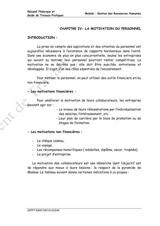 Résumé Théorique et
                                       Module : Gestion des Ressources Humaines
Guide de Travaux Pratiques




                        CHAPITRE IV- LA MOTIVATION DU PERSONNEL

INTRODUCTION :

      La prise en compte des aspirations et des attentes du personnel est
aujourd’hui nécessaire à l’existence de rapports harmonieux dans l’unité.
Dans une économie de plus en plus concurrentielle, seules les entreprises
qui auront su motiver leur personnel pourront rester compétitives. La
motivation ne se décrète pas : elle doit être suscitée, entretenue et
développée. Il s’agit d’un des rôles essentiels de l’encadrement.

       Pour motiver le personnel, on peut utiliser des outils financiers et/ou
non financiers.

- Les motivations financières :

      Pour améliorer la motivation de leurs collaborateurs, les entreprise
peuvent agir sur :
                   - Le niveau de leurs rémunérations par l’individualisation
                     des salaires, l’intéressement, etc.
                   - Leur plan de carrière par le biais de promotion ou de
                     stages de formation.

- Les motivations non financières :

   -   Le chèque cadeau,
   -   Le voyage,
   -   Les récompenses honorifiques ( médailles, diplôme, oscar, trophée),
   -   Le projet d’entreprise.

   La motivation des collaborateurs est une démarche dont l’objectif est
de répondre aux mieux à leurs besoins : le respect de la pyramide de
Maslow. Le tableau suivant donne certaines indications à ce propos :




OFPPT/DRIF/DRTA/ISIHR
 