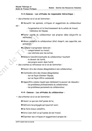 Résumé Théorique et
                                         Module : Gestion des Ressources Humaines
Guide de Travaux Pratiques


        4-3-Canevas : Les attitudes du responsable hiérarchique :

  Ses attentes vis-à-vis de l’entretien :

          Recueillir les opinions, critiques et suggestions du collaborateur
sur :
              - l’organisation et le fonctionnement de la cellule de travail,
              - l’ambiance de l’équipe.

         Tester auprès du collaborateur ses propres idées (objectifs ou
         méthodes),

          Mieux connaître le collaborateur (état d’esprit, ses capacités, son
         potentiel),

          L’amener à progresser dans son :
              - comportement au travail,
              - ces relations avec les autres.

          Réduire l’anxiété éventuelle du collaborateur touchant
             - le devenir de l’unité,
             - son propre avenir dans l’unité
  Ses craintes ou réticences vis-à-vis de l’entretien :

          Devoir dire des choses désagréables à son collaborateur,

          S’entendre dire des choses désagréables
              - sur sa façon d’animer l’équipe,
              - sur sa façon d’être commandé.

          Apparaître comme n’ayant pas réellement le pouvoir de résoudre :
             - les problèmes professionnels du collaborateur,
             - les problèmes personnels du collaborateur.

        4-4- Canevas : Les attitudes du collaborateur :

  Ses attentes vis-à-vis de l’entretien :

          Savoir ce que son chef pense de lui,

          Détruire les préjugés qu’il pourrait avoir,

          Se faire mieux connaître,

          Dire à son chef ce qu’il pense de son travail,

          Exprimer ses critiques et suggestions à propos de :

OFPPT/DRIF/DRTA/ISIHR
 