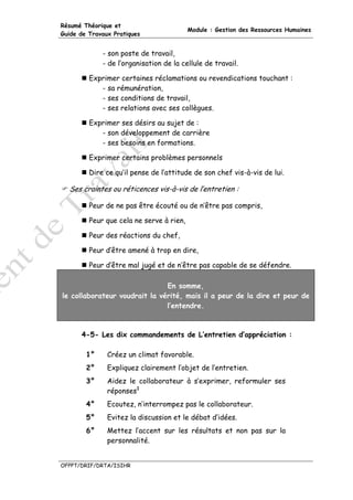 Résumé Théorique et
                                          Module : Gestion des Ressources Humaines
Guide de Travaux Pratiques


             - son poste de travail,
             - de l’organisation de la cellule de travail.

         Exprimer certaines réclamations ou revendications touchant :
            - sa rémunération,
            - ses conditions de travail,
            - ses relations avec ses collègues.

         Exprimer ses désirs au sujet de :
            - son développement de carrière
            - ses besoins en formations.

         Exprimer certains problèmes personnels

         Dire ce qu’il pense de l’attitude de son chef vis-à-vis de lui.

  Ses craintes ou réticences vis-à-vis de l’entretien :

         Peur de ne pas être écouté ou de n’être pas compris,

         Peur que cela ne serve à rien,

         Peur des réactions du chef,

         Peur d’être amené à trop en dire,

         Peur d’être mal jugé et de n’être pas capable de se défendre.

                               En somme,
le collaborateur voudrait la vérité, mais il a peur de la dire et peur de
                               l’entendre.



      4-5- Les dix commandements de L’entretien d’appréciation :

        1°     Créez un climat favorable.
        2°     Expliquez clairement l’objet de l’entretien.
        3°     Aidez le collaborateur à s’exprimer, reformuler ses
               réponses1
        4°     Ecoutez, n’interrompez pas le collaborateur.
        5°     Evitez la discussion et le débat d’idées.
        6°     Mettez l’accent sur les résultats et non pas sur la
               personnalité.


OFPPT/DRIF/DRTA/ISIHR
 