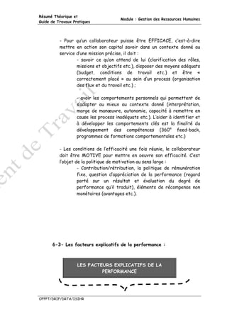 Résumé Théorique et
                                       Module : Gestion des Ressources Humaines
Guide de Travaux Pratiques




          - Pour qu’un collaborateur puisse être EFFICACE, c’est-à-dire
          mettre en action son capital savoir dans un contexte donné au
          service d’une mission précise, il doit :
                  - savoir ce qu’on attend de lui (clarification des rôles,
                  missions et objectifs etc.), disposer des moyens adéquats
                  (budget, conditions de travail etc.) et être «
                  correctement placé » au sein d’un process (organisation
                  des flux et du travail etc.) ;

                   - avoir les comportements personnels qui permettent de
                   s’adapter au mieux au contexte donné (interprétation,
                   marge de manœuvre, autonomie, capacité à remettre en
                   cause les process inadéquats etc.). L’aider à identifier et
                   à développer les comportements clés est la finalité du
                   développement des compétences (360° feed-back,
                   programmes de formations comportementales etc.)

          - Les conditions de l’efficacité une fois réunie, le collaborateur
          doit être MOTIVE pour mettre en oeuvre son efficacité. C’est
          l’objet de la politique de motivation au sens large :
                   - Contribution/rétribution, la politique de rémunération
                   fixe, question d’appréciation de la performance (regard
                   porté sur un résultat et évaluation du degré de
                   performance qu’il traduit), éléments de récompense non
                   monétaires (avantages etc.).




      6-3- Les facteurs explicatifs de la performance :



                   LES FACTEURS EXPLICATIFS DE LA
                            PERFORMANCE




OFPPT/DRIF/DRTA/ISIHR
 