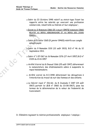 Résumé Théorique et
                                      Module : Gestion des Ressources Humaines
Guide de Travaux Pratiques




              Dahir du 23 Octobre 1948 relatif au statut-type fixant les
               rapports entre les salariés qui exercent une profession
               commerciale, industrielle ou libérale et leur employeur ;

              DAHIR DU 2 RAMADAN 1366 (21   JUILLET   1947)2   RAMADAN   1366)
               RELATIF AU REPOS HEBDOMADAIRE ET AU REPOS DES JOURS
               FERIES   ;

              Dahir du 5 Safar 1365 (9 janvier 19465) relatifs aux congés
               annuels payés

              Dahir du 9 Ramadan 1331 (12 août 1913). B.O n° 46 du 12
               Septembre 1913.

              Dahir n° 1-57-067 du 16 Ramadan 1376 (17 Avril 1957) B.O n°
               2339 du 23-8-1957

              Arrêté Viziriel du 8 Chaoual 1366 (25 août 1947) déterminant
               la nomenclature des établissements admis à suspendre le
               repos hebdomadaire.

               Arrêté viziriel du 8-3-1948 déterminant les dérogations à
               l’interdiction du travail de nuit des femmes et des enfants.

              Le Décret royal n° 316-66- du 8 Joumada I 1387 (14 août
               1967) portant loi (B.B n° 2860 du 23-08-1967), pose les
               termes de la détermination de la valeur de l’indemnité de
               licenciement.




Ii- Eléménts regissant la relation professionnelle employeur / employe :




OFPPT/DRIF/DRTA/ISIHR
 