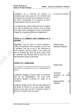 Résumé Théorique et
                                               Module : Gestion des Ressources Humaines
Guide de Travaux Pratiques



L’employeur qui a l’intention de licencier un                    Le recours au tribunal.
travailleur pour faute grave doit l’en informer dans
les quarante huit heures de la constation de celle-ci
par lettre recommandée et lui remettre en outre,
personnellement copie de cette lettre.

Le travailleur peut, dans un délai d’un mois à compter
de la date de réception de la lettre, ou de la remise
de la copie, saisir le tribunal du travail, en produisant
à l’appui de sa requête la lettre de congédiement.



Article n° 7 : Rapports entre l’employeur et le
personnel

L’employeur fixe les jours et heures auxquels il                 Communication
reçoit individuellement tout travailleur qui lui en fait         Employeur/Employé.
la demande, ainsi que le lieu et les conditions de
cette audience, sans qu’il puisse y avoir moins d’un
jour de réception par mois. Ces jours, heures, lieux
et conditions sont affichés dans le local où se fait
habituellement la paye du personnel.



Article n°10 : Congés payés
                                                                 Congé annuel ;
Les travailleurs de l’entreprise bénéficient de congés annuels
payés dans les conditions fixées par la réglementation en
vigueur.

                                                                 Conditions           de
L’employeur s’engage à ne pas occuper un travailleur             jouissance   du   congé
soit de son établissement, soit d’une autre                      annuel ;
entreprise pendant la période de congé de ce
travailleur.                                                     Responsabilités      de
                                                                 l’employé.
L’employé s’engage de son côté à ne pas demeurer à
son poste de travail ou à ne pas occuper d’emploi
salarié ou non, dans une autre entreprise, durant la
période où il bénéficie de son congé.




OFPPT/DRIF/DRTA/ISIHR
 