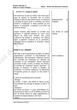 Résumé Théorique et
                                             Module : Gestion des Ressources Humaines
Guide de Travaux Pratiques


    Artiiclle n° 11 :: Congés de malladiie
    Art c e n° 11 Congés de ma ad e

Tout salarié qui ne peut se rendre à son travail pour
cause de maladie ou d’accident doit en aviser
l’employeur dans les vingt-quatre heures. Si l’absence       Responsabilités       de
se prolonge de quatre jours, le travailleur doit faire       l’employé ;
connaître à l’employeur la durée probable de son
absence, en produisant, si possible, à cet effet un
certificat médical.

Lorsque l’absence pour maladie ou accident est               Les limites du congé
supérieure à vingt-six semaines au cours d’une               maladie.
période de trois cent soixante cinq jours
consécutifs ou lorsque le travailleur est devenu
inapte à continuer l’exercice de sa profession,
l’employeur pourra considérer le travailleur comme
démissionnaire.



Article n° 12 : Absences

Sauf dans le cas exceptionnel où le départ du salarié
compromettait gravement le fonctionnement de                 Droit à l’absence ;
l’établissement, des permissions d’absences doivent
être accordées par l’employeur sur demande de
l’intéressé, en cas d’événement familial important
concernant le père, la mère, la femme, les enfants.
On entende par événement familial important : le
mariage, la naissance, le décès, la baptême, la
circoncision, la première communion, les opérations
chirurgicales graves du conjoint ou d’un enfant à
charge.

La durée de ces absences est la suivante :
- Mariage
du salarié : 4 jours ; d’un enfant du salarié ou issu
d’un précèdent d’un mariage de l’épouse du salarié : 2
jours.
- Naissance :
D’un enfant du salarié : 3 jours conformément aux
prescriptions du Dahir du 22-10-19646 accordant au
chef de famille salarié un congé supplémentaire à
l’occasion de chaque naissance à son foyer.
- Décès :


OFPPT/DRIF/DRTA/ISIHR
 
