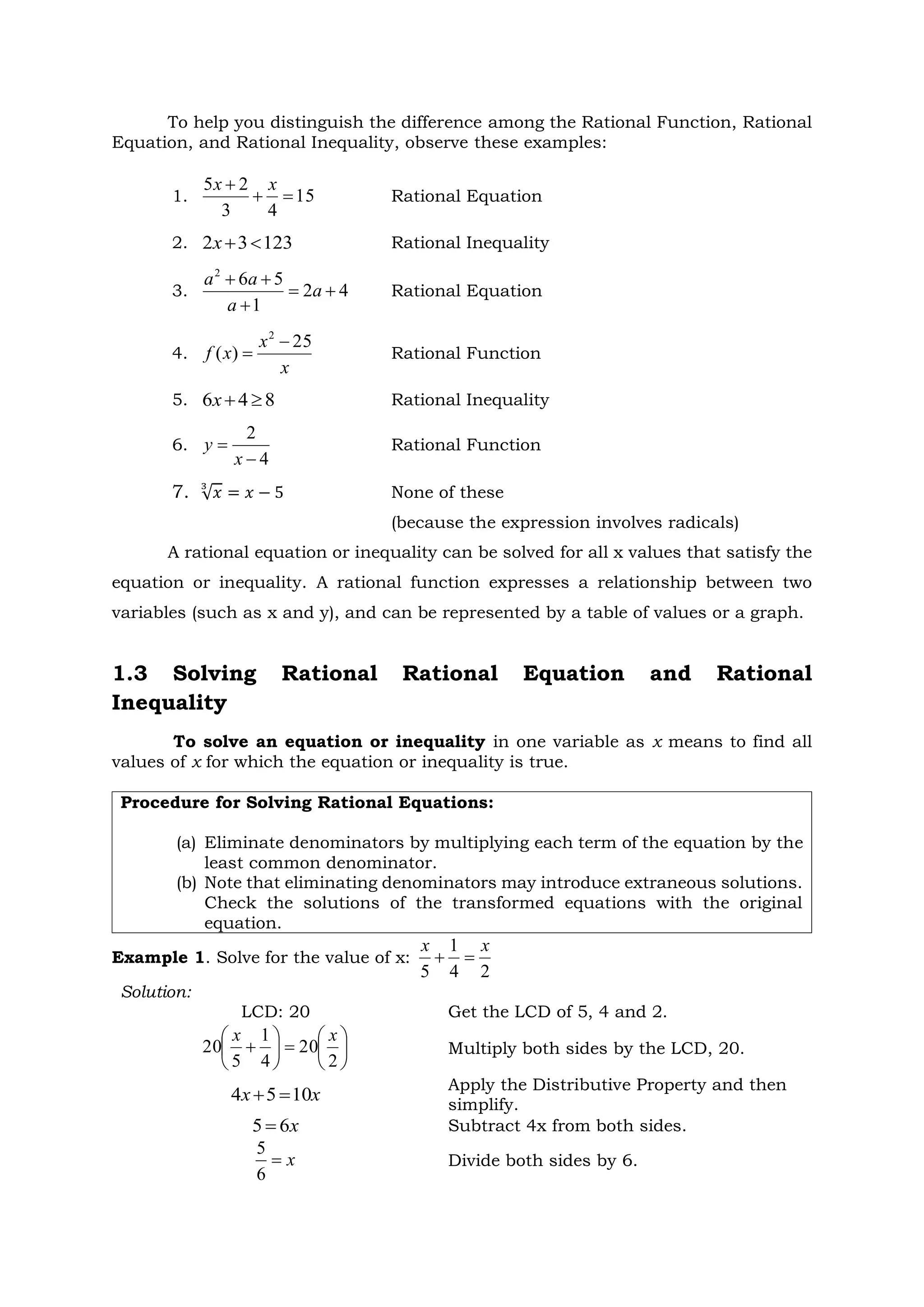 To help you distinguish the difference among the Rational Function, Rational
Equation, and Rational Inequality, observe these examples:
1. 15
4
3
2
5


 x
x
Rational Equation
2. 123
3
2 

x Rational Inequality
3. 4
2
1
5
6
2





a
a
a
a
Rational Equation
4.
x
x
x
f
25
)
(
2

 Rational Function
5. 8
4
6 

x Rational Inequality
6.
4
2


x
y Rational Function
7. √𝑥
3
= 𝑥 − 5 None of these
(because the expression involves radicals)
A rational equation or inequality can be solved for all x values that satisfy the
equation or inequality. A rational function expresses a relationship between two
variables (such as x and y), and can be represented by a table of values or a graph.
1.3 Solving Rational Rational Equation and Rational
Inequality
To solve an equation or inequality in one variable as x means to find all
values of x for which the equation or inequality is true.
Procedure for Solving Rational Equations:
(a) Eliminate denominators by multiplying each term of the equation by the
least common denominator.
(b) Note that eliminating denominators may introduce extraneous solutions.
Check the solutions of the transformed equations with the original
equation.
Example 1. Solve for the value of x:
2
4
1
5
x
x


Solution:
LCD: 20 Get the LCD of 5, 4 and 2.














2
20
4
1
5
20
x
x
Multiply both sides by the LCD, 20.
x
x 10
5
4 

Apply the Distributive Property and then
simplify.
x
6
5  Subtract 4x from both sides.
x

6
5
Divide both sides by 6.
 