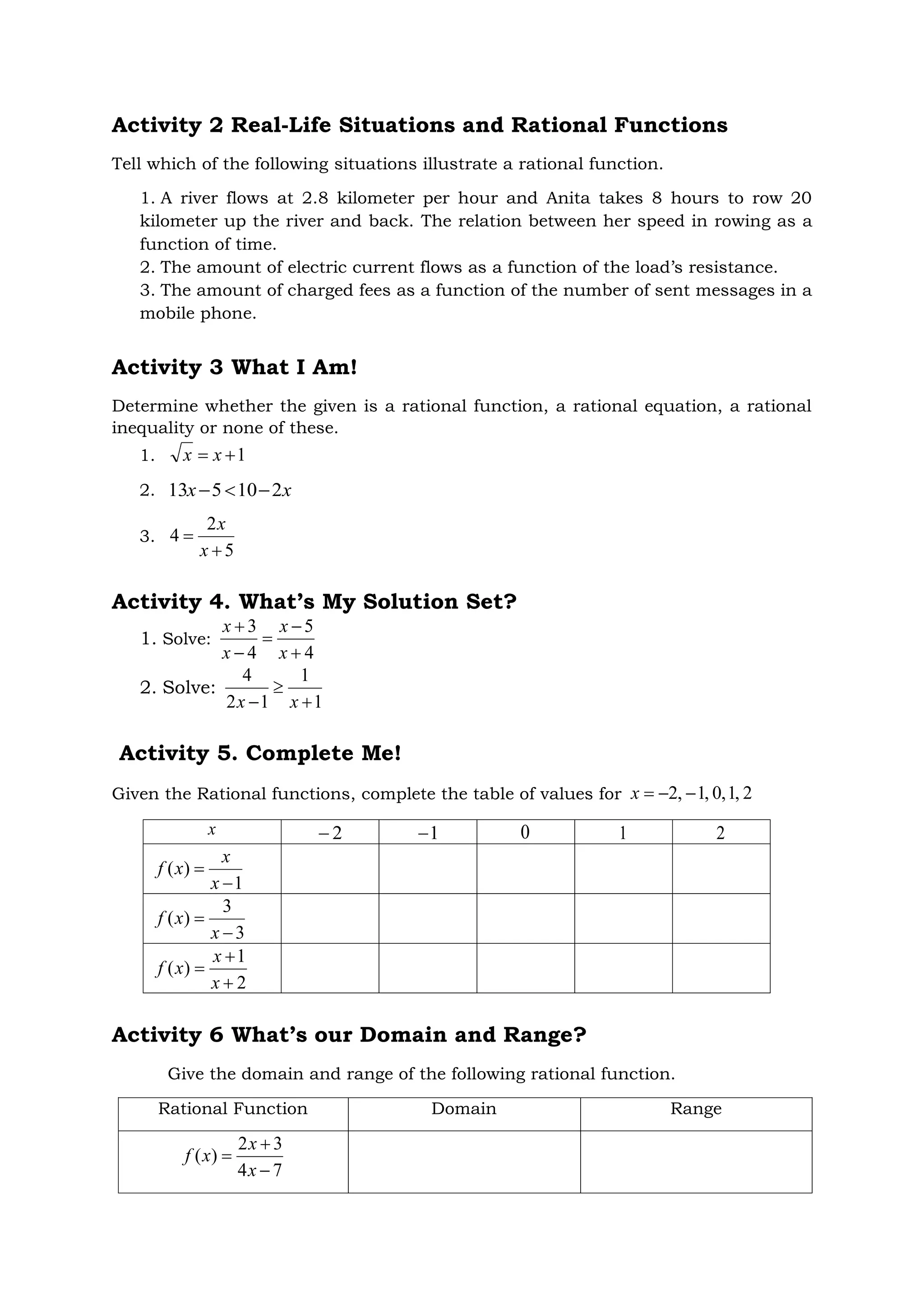 Activity 2 Real-Life Situations and Rational Functions
Tell which of the following situations illustrate a rational function.
1. A river flows at 2.8 kilometer per hour and Anita takes 8 hours to row 20
kilometer up the river and back. The relation between her speed in rowing as a
function of time.
2. The amount of electric current flows as a function of the load’s resistance.
3. The amount of charged fees as a function of the number of sent messages in a
mobile phone.
Activity 3 What I Am!
Determine whether the given is a rational function, a rational equation, a rational
inequality or none of these.
1. 1

 x
x
2. x
x 2
10
5
13 


3.
5
2
4


x
x
Activity 4. What’s My Solution Set?
1. Solve:
4
5
4
3





x
x
x
x
2. Solve:
1
1
1
2
4


 x
x
Activity 5. Complete Me!
Given the Rational functions, complete the table of values for 2
,
1
,
0
,
1
,
2 


x
x 2
 1
 0 1 2
1
)
(


x
x
x
f
3
3
)
(


x
x
f
2
1
)
(



x
x
x
f
Activity 6 What’s our Domain and Range?
Give the domain and range of the following rational function.
Rational Function Domain Range
7
4
3
2
)
(



x
x
x
f
 