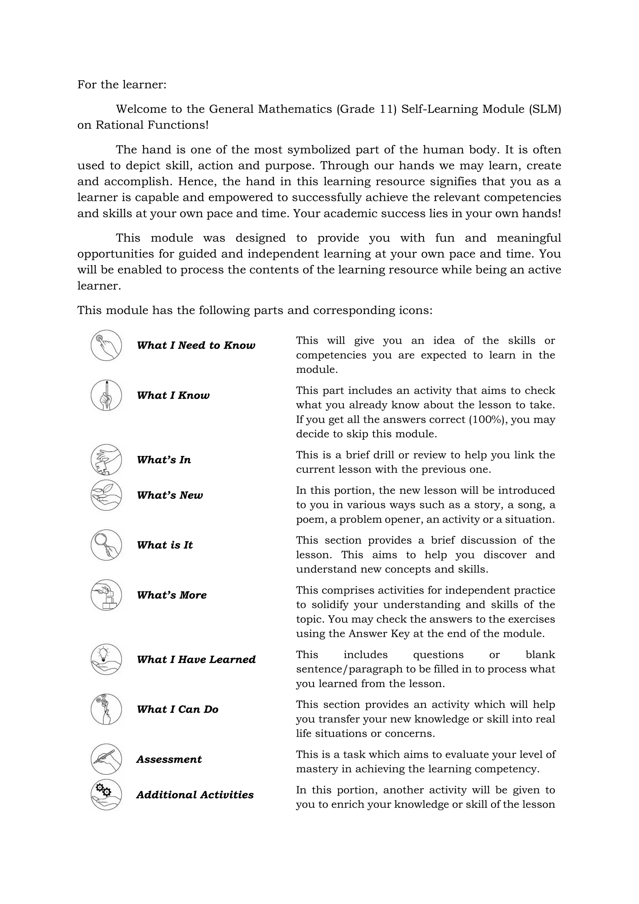 For the learner:
Welcome to the General Mathematics (Grade 11) Self-Learning Module (SLM)
on Rational Functions!
The hand is one of the most symbolized part of the human body. It is often
used to depict skill, action and purpose. Through our hands we may learn, create
and accomplish. Hence, the hand in this learning resource signifies that you as a
learner is capable and empowered to successfully achieve the relevant competencies
and skills at your own pace and time. Your academic success lies in your own hands!
This module was designed to provide you with fun and meaningful
opportunities for guided and independent learning at your own pace and time. You
will be enabled to process the contents of the learning resource while being an active
learner.
This module has the following parts and corresponding icons:
What I Need to Know This will give you an idea of the skills or
competencies you are expected to learn in the
module.
What I Know This part includes an activity that aims to check
what you already know about the lesson to take.
If you get all the answers correct (100%), you may
decide to skip this module.
What’s In This is a brief drill or review to help you link the
current lesson with the previous one.
What’s New In this portion, the new lesson will be introduced
to you in various ways such as a story, a song, a
poem, a problem opener, an activity or a situation.
What is It This section provides a brief discussion of the
lesson. This aims to help you discover and
understand new concepts and skills.
What’s More This comprises activities for independent practice
to solidify your understanding and skills of the
topic. You may check the answers to the exercises
using the Answer Key at the end of the module.
What I Have Learned This includes questions or blank
sentence/paragraph to be filled in to process what
you learned from the lesson.
What I Can Do This section provides an activity which will help
you transfer your new knowledge or skill into real
life situations or concerns.
Assessment This is a task which aims to evaluate your level of
mastery in achieving the learning competency.
Additional Activities In this portion, another activity will be given to
you to enrich your knowledge or skill of the lesson
 