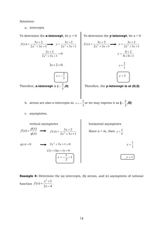 14
Solutions:
a. intercepts
To determine the x-intercept, let y = 0 To determine the y-intercept, let x = 0
1
3
2
2
3
)
( 2




x
x
x
x
f
1
3
2
2
3
2




x
x
x
y
1
3
2
2
3
)
( 2




x
x
x
x
f
1
3
2
2
3
2




x
x
x
y
0
1
3
2
2
3
2




x
x
x
1
0
0
2
0




y
0
2
3 

x
1
2

y
3
2


x 2

y
Therefore, x-intercept is (
3
2
 ,0) Therefore, the y-intercept is at (0,2)
b. zeroes are also x-intercepts so
3
2


x or we may express it as (
3
2
 ,0)
c. asymptotes,
vertical asymptotes horizontal asymptotes
)
(
)
(
)
(
x
q
x
p
x
f 
1
3
2
2
3
)
( 2




x
x
x
x
f Since n = m, then
b
a
y 
0
)
( 
x
q 0
1
3
2 2


 x
x
1
1

y
0
)
1
)(
1
2
( 

 x
x
1
,
2
1



x 1

y
Example 4: Determine the (a) intercepts, (b) zeroes, and (c) asymptotes of rational
function
4
2
1
)
(
2



x
x
x
f .
 