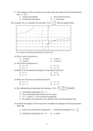 7
9. If the degrees of the numerator (n) is less than the degrees of the denominator
(m), y = 0 is
a. vertical asymptote c. zero of the function
b. horizontal asymptote d. y - intercept
For number 10-13, consider the function
2
2
)
(



x
x
x
f with its graph below.
10.The x- and y-intercept is
a. -2 and 1 c. 2 and -1
b. 2 and 1 d. -2 and -1
11.The vertical asymptote is
a. x = -2 c. y = -2
b. x = 2 d. y = 2
12.What is the horizontal asymptote of the given function?
a. y = -1 c. y = 2
b. y = 1 d. y = -2
13.What are the zero/es of given function?
a. x = - 1 c. x = 2
b. y = - 1 d. y = -2
14.The following best describes the function
2
3
1
4
4
)
( 2
2





x
x
x
x
x
f EXCEPT,
a. horizontal asymptote is y = 4
b. the x-intercepts and zeroes are the same
c. x = -1 and x = -2 are vertical asymptotes
d. the degree of numerator (n) is greater than the denominator (m)
15.Let n be the degree of the numerator and m be the degree of the denominator.
If n > m,
a. there is no horizontal asymptote c. horizontal asymptote is
b
a
y 
b. horizontal asymptote is y = 0 d. a and b
Source: https://www.desmos.com/calculator (snipped graph)
 