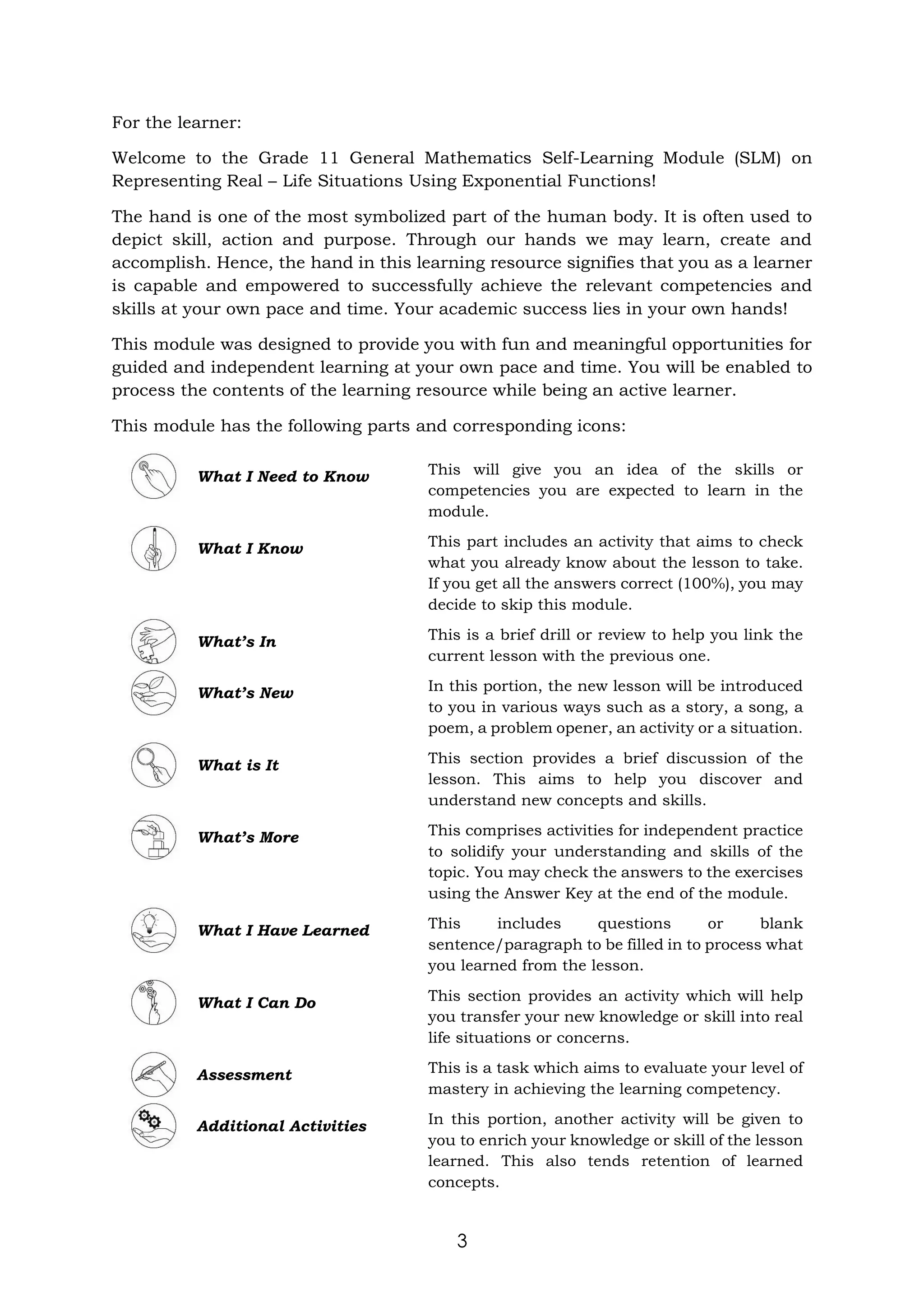 3
For the learner:
Welcome to the Grade 11 General Mathematics Self-Learning Module (SLM) on
Representing Real – Life Situations Using Exponential Functions!
The hand is one of the most symbolized part of the human body. It is often used to
depict skill, action and purpose. Through our hands we may learn, create and
accomplish. Hence, the hand in this learning resource signifies that you as a learner
is capable and empowered to successfully achieve the relevant competencies and
skills at your own pace and time. Your academic success lies in your own hands!
This module was designed to provide you with fun and meaningful opportunities for
guided and independent learning at your own pace and time. You will be enabled to
process the contents of the learning resource while being an active learner.
This module has the following parts and corresponding icons:
What I Need to Know This will give you an idea of the skills or
competencies you are expected to learn in the
module.
What I Know This part includes an activity that aims to check
what you already know about the lesson to take.
If you get all the answers correct (100%), you may
decide to skip this module.
What’s In This is a brief drill or review to help you link the
current lesson with the previous one.
What’s New In this portion, the new lesson will be introduced
to you in various ways such as a story, a song, a
poem, a problem opener, an activity or a situation.
What is It This section provides a brief discussion of the
lesson. This aims to help you discover and
understand new concepts and skills.
What’s More This comprises activities for independent practice
to solidify your understanding and skills of the
topic. You may check the answers to the exercises
using the Answer Key at the end of the module.
What I Have Learned This includes questions or blank
sentence/paragraph to be filled in to process what
you learned from the lesson.
What I Can Do This section provides an activity which will help
you transfer your new knowledge or skill into real
life situations or concerns.
Assessment This is a task which aims to evaluate your level of
mastery in achieving the learning competency.
Additional Activities In this portion, another activity will be given to
you to enrich your knowledge or skill of the lesson
learned. This also tends retention of learned
concepts.
 