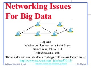 Networking Issues
For Big Data
.

Raj Jain
Washington University in Saint Louis
Saint Louis, MO 63130
Jain@cse.wustl.edu
These slides and audio/video recordings of this class lecture are at:
http://www.cse.wustl.edu/~jain/cse570-13/
Washington University in St. Louis

http://www.cse.wustl.edu/~jain/talks/m_11nbd.htm

11-1

©2013 Raj Jain

 