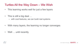 © 2014 MapR Technologies 26
Turtles All the Way Down – We Wish
• This learning works well for just a few layers
• This is still a big deal …
– with cool features, we can build real systems
• With many layers, the learning no longer converges
• Well … until recently
 
