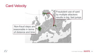 © 2014 MapR Technologies 64
Card Velocity
Non-fraud steps are
reasonable in terms
of distance and time
Fraudulent use of card
by multiple attackers
results in big, fast jumps
 