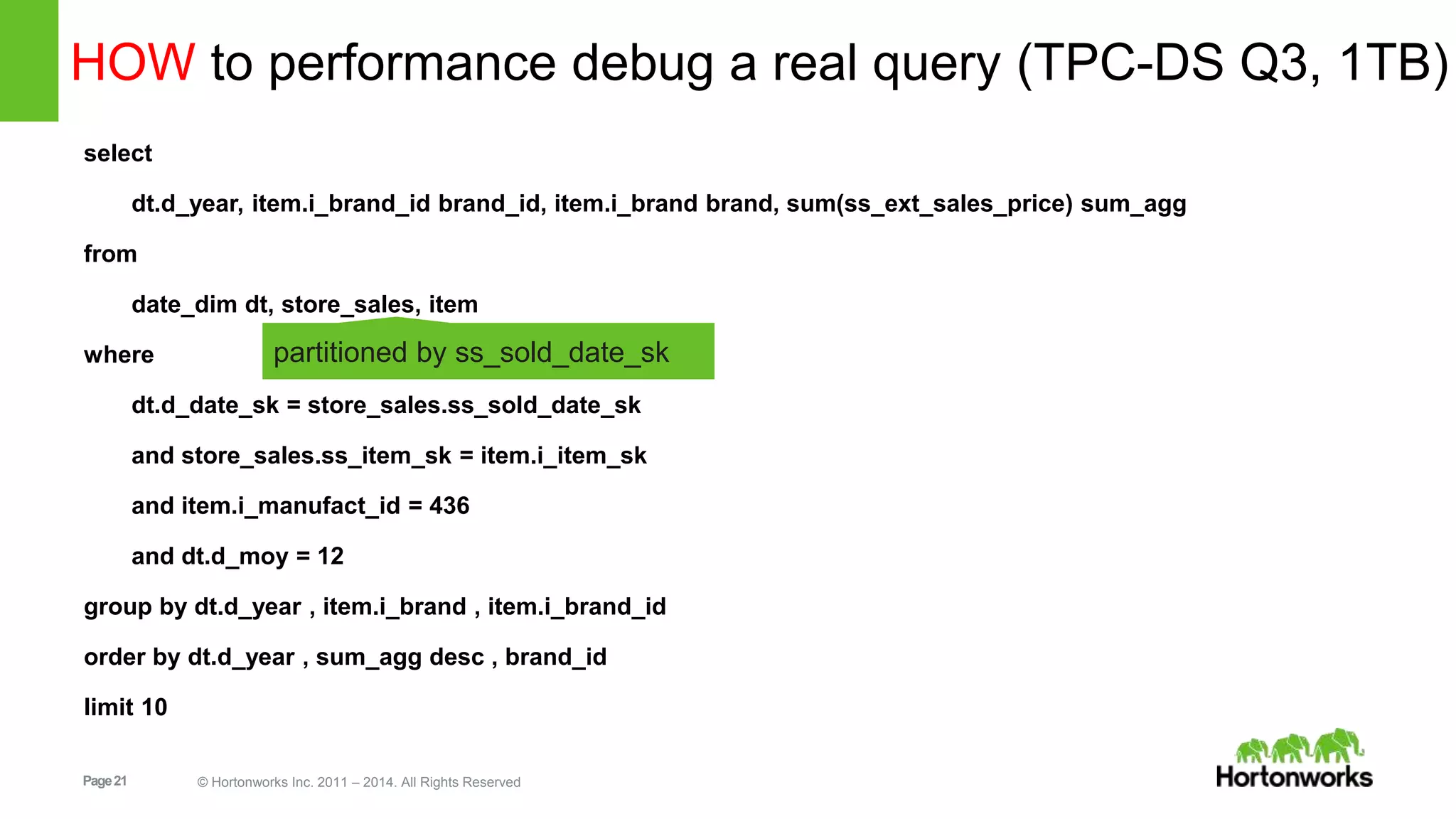 Page21 © Hortonworks Inc. 2011 – 2014. All Rights Reserved HOW to performance debug a real query (TPC-DS Q3, 1TB) select dt.d_year, item.i_brand_id brand_id, item.i_brand brand, sum(ss_ext_sales_price) sum_agg from date_dim dt, store_sales, item where dt.d_date_sk = store_sales.ss_sold_date_sk and store_sales.ss_item_sk = item.i_item_sk and item.i_manufact_id = 436 and dt.d_moy = 12 group by dt.d_year , item.i_brand , item.i_brand_id order by dt.d_year , sum_agg desc , brand_id limit 10 partitioned by ss_sold_date_sk 