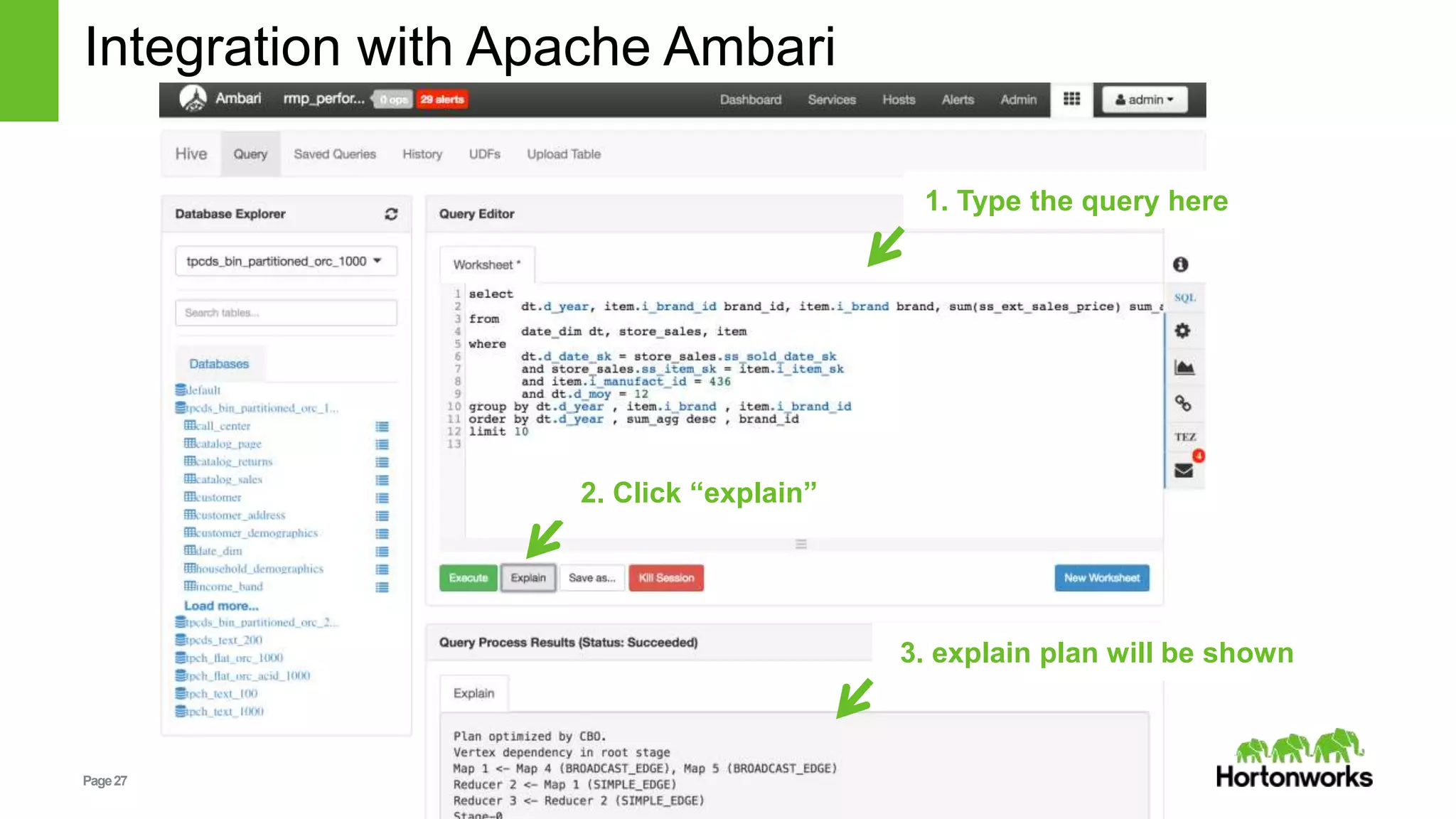 Page27 © Hortonworks Inc. 2011 – 2014. All Rights Reserved Integration with Apache Ambari 1. Type the query here 2. Click “explain” 3. explain plan will be shown 