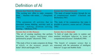 Definition of AI
Ravi	Kumar	B	N,	Asst.Prof,CSE,BMSIT	 10	
Systems that Think like Humans
“The exciting new effort to make ...