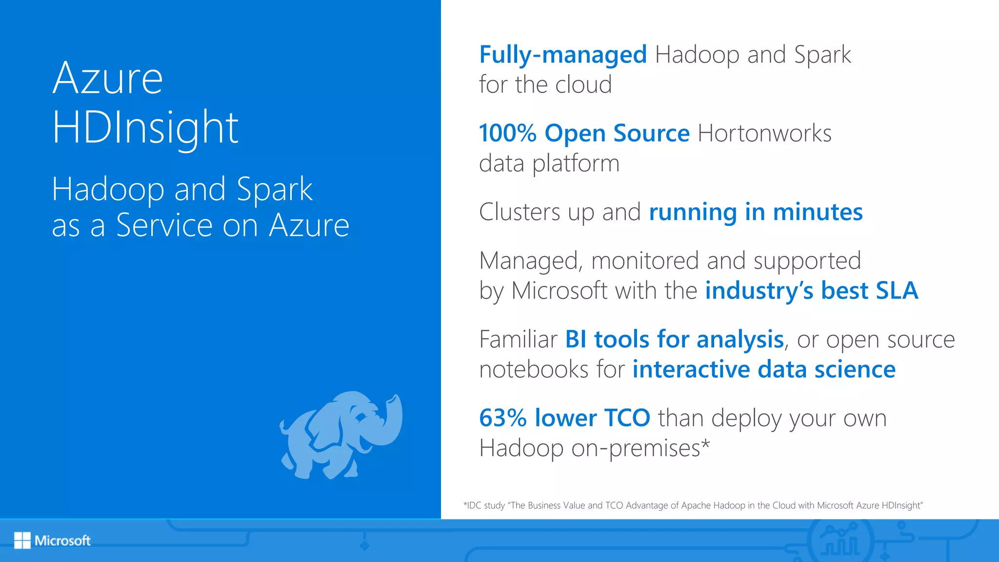 Azure
HDInsight
Hadoop and Spark
as a Service on Azure
Fully-managed Hadoop and Spark
for the cloud
100% Open Source Hortonworks
data platform
Clusters up and running in minutes
Managed, monitored and supported
by Microsoft with the industry’s best SLA
Familiar BI tools for analysis, or open source
notebooks for interactive data science
63% lower TCO than deploy your own
Hadoop on-premises*
*IDC study “The Business Value and TCO Advantage of Apache Hadoop in the Cloud with Microsoft Azure HDInsight”
 