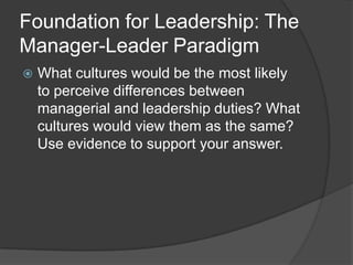 Foundation for Leadership: The Manager-Leader ParadigmWhat cultures would be the most likely to perceive differences between managerial and leadership duties? What cultures would view them as the same? Use evidence to support your answer.