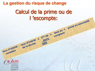 La gestion du risque de change

Calcul de la prime ou de
l ’escompte:

 