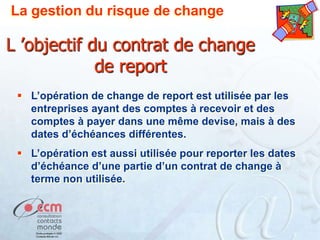 La gestion du risque de change

L ’objectif du contrat de change
de report
 L’opération de change de report est utilisée par les
entreprises ayant des comptes à recevoir et des
comptes à payer dans une même devise, mais à des
dates d’échéances différentes.
 L’opération est aussi utilisée pour reporter les dates
d’échéance d’une partie d’un contrat de change à
terme non utilisée.

 
