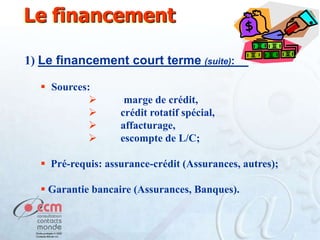 Le financement
1) Le financement court terme (suite):
 Sources:





marge de crédit,
crédit rotatif spécial,
affacturage,
escompte de L/C;

 Pré-requis: assurance-crédit (Assurances, autres);

 Garantie bancaire (Assurances, Banques).

 