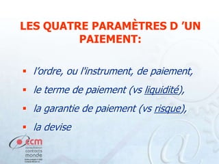LES QUATRE PARAMÈTRES D ’UN
PAIEMENT:
 l’ordre, ou l'instrument, de paiement,
 le terme de paiement (vs liquidité),

 la garantie de paiement (vs risque),
 la devise

 
