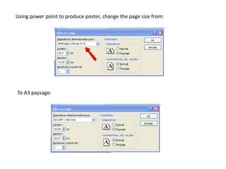 Using power point to produce poster, change the page size from:

To A3 paysage:

 