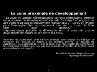 La zone proximale de développement
" La zone de proche développement est une composante cruciale
du processus de développement car elle "présage" et prépare ce
que l'enfant pourra ultérieurement réaliser seul : " Ce qu'un enfant
peut faire aujourd'hui en collaborant avec autrui, il peut le faire
tout
seul
demain."
L'apprentissage précède le développement, la zone de proche
développement assure le lien entre les deux.
Favoriser les acquisitions chez l'enfant consiste pour l'adulte à aménager la
transition de l'activité en tutelle ( ou guidage externe) à l'activité en
autonomie ( ou autoguidage) . Pour ce faire, il lui faut ajuster les contenus et
les conditions d'instruction, non pas aux capacités présentes de l'enfant, mais
à son potentiel de progrès
Jean-Noël Foulin, Serge Mouchon
" Psychologie de l'éducation"

36

 