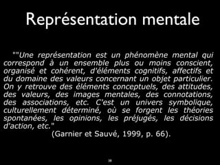 Représentation mentale
""Une représentation est un phénomène mental qui
correspond à un ensemble plus ou moins conscient,
organisé et cohérent, d'éléments cognitifs, affectifs et
du domaine des valeurs concernant un objet particulier.
On y retrouve des éléments conceptuels, des attitudes,
des valeurs, des images mentales, des connotations,
des associations, etc. C'est un univers symbolique,
culturellement déterminé, où se forgent les théories
spontanées, les opinions, les préjugés, les décisions
d'action, etc."
(Garnier et Sauvé, 1999, p. 66).

38

 