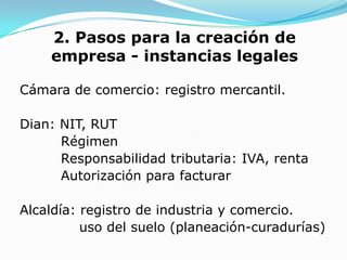 2. Pasos para la creación de
    empresa - instancias legales

Cámara de comercio: registro mercantil.

Dian: NIT, RUT
      Régimen
      Responsabilidad tributaria: IVA, renta
      Autorización para facturar

Alcaldía: registro de industria y comercio.
          uso del suelo (planeación-curadurías)
 