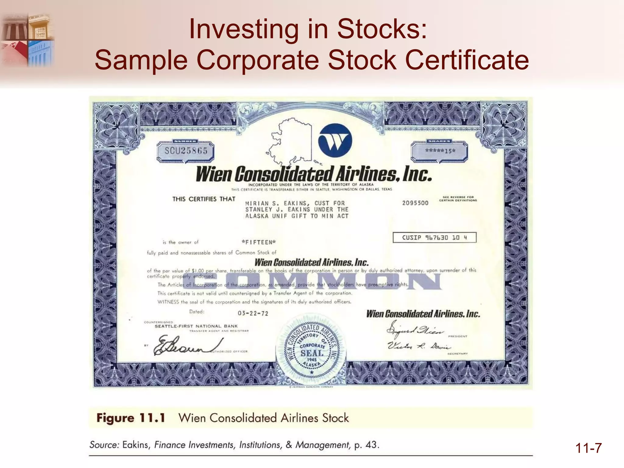 Investing in Stocks:  Sample Corporate Stock Certificate 