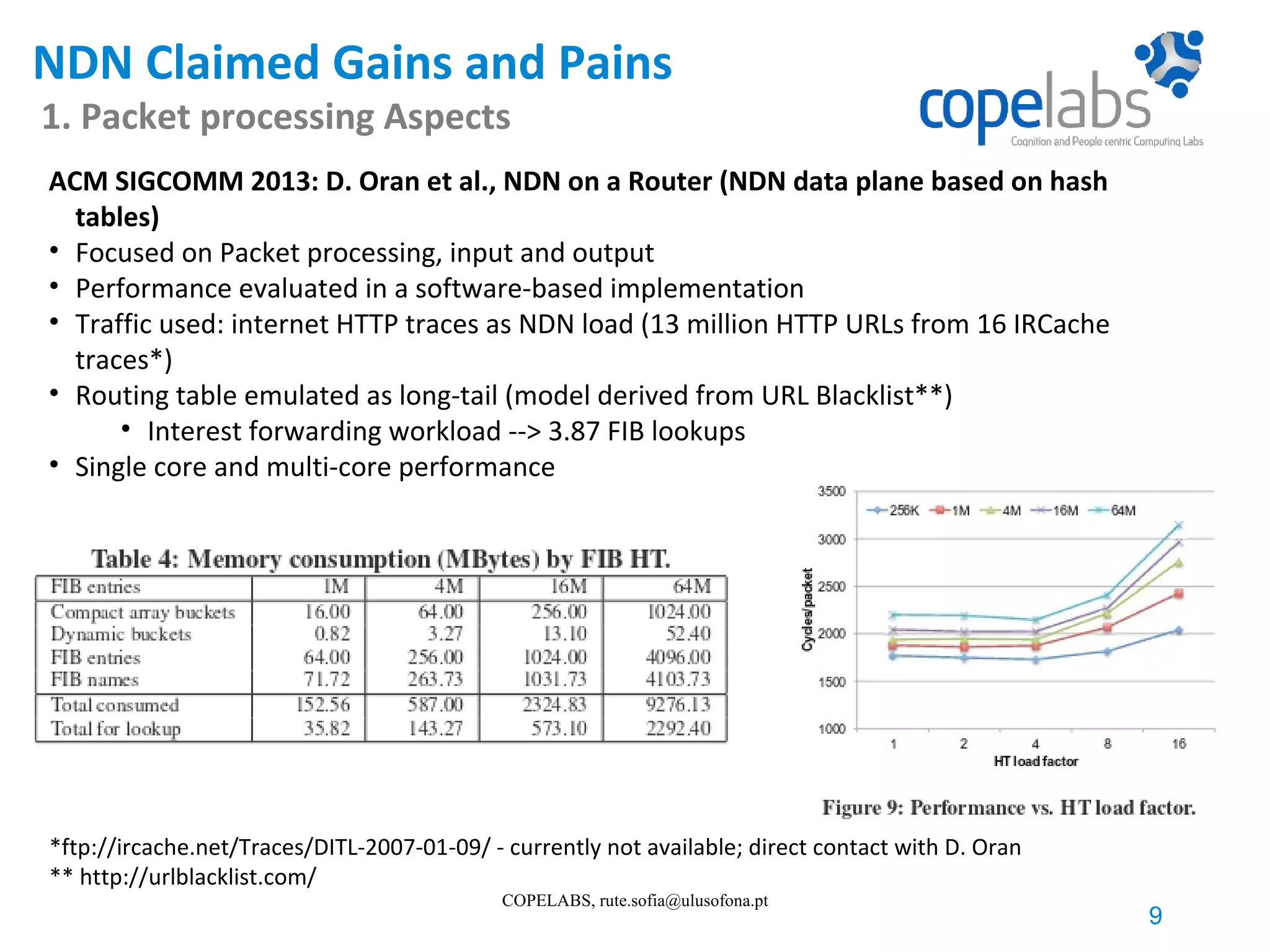 NDN Claimed Gains and Pains 1. Packet processing Aspects 9 COPELABS, rute.sofia@ulusofona.pt ACM SIGCOMM 2013: D. Oran et al., NDN on a Router (NDN data plane based on hash tables) • Focused on Packet processing, input and output • Performance evaluated in a software-based implementation • Traffic used: internet HTTP traces as NDN load (13 million HTTP URLs from 16 IRCache traces*) • Routing table emulated as long-tail (model derived from URL Blacklist**) • Interest forwarding workload --> 3.87 FIB lookups • Single core and multi-core performance *ftp://ircache.net/Traces/DITL-2007-01-09/ - currently not available; direct contact with D. Oran ** http://urlblacklist.com/ 