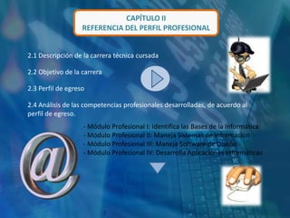 CAPÍTULO II
REFERENCIA DEL PERFIL PROFESIONAL
2.1 Descripción de la carrera técnica cursada
2.2 Objetivo de la carrera
2.3 Perfil de egreso
2.4 Análisis de las competencias profesionales desarrolladas, de acuerdo al
perfil de egreso.
- Módulo Profesional I: Identifica las Bases de la Informática
- Módulo Profesional II: Maneja Sistemas de Información
- Módulo Profesional III: Maneja Software de Diseño
- Módulo Profesional IV: Desarrolla Aplicaciones Informáticas
 