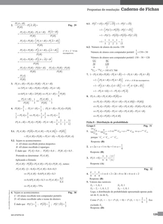 MA12FNPR2©PortoEditora
129
Propostas de resolução Caderno de Fichas
2.
 
 
 |
P A B
P A B
P B

  Pág. 29
     
 
 
 
P A BP A P B P A B
P B P B
  

       
 
P A P B P A B P A B
P B
      
       
 
P A P B P A B A B
P B
      
     
 
P A P B P A A B
P B
     
     
 
P A P B P B
P B
   

     
 
P A P B P B
P B
 

 
 
P A
P B

3.        P A B P A P B P A B    
       5P A B P B P B P A B     
   6 2P A B P B      
2
6
P A B P B  
 
 
1
3
P A B
P B

 
 
 
| 1
3
P A B
P B
 
4.  
2
3
P B  ;  
1
2
P A B ;      P A B P A P B  
 
1 2
2 3
P A   
1 2
2 3
P A   
3
4
P A 
       P A B P A P B P A B    
3 2 1 11
4 3 2 12
   
5.1.      | |P A B P B P A B     | 1P A B P B   
   |P A B P B   P A B     |P A P B A 
5.2. Sejam os acontecimentos:
A: «O aluno escolhido pratica desporto»
B: «O aluno escolhido é rapariga»
É dado que   0,6P A  ;   0,4P B  ;  | 0,5P B A  .
Pretende-se determinar  |P A B .
Aplicando a fórmula:
         | | |P A B P B P A B P A P B A    , temos:
     | 1 0,4 | 0,6 0,5P A B P A B    
   | 0,6 | 0,3P A B P A B  
 0,4 | 0,3P A B  
0,3
|
0,4
P A B 
 | 75%P A B 
6. Sejam os acontecimentos: Pág. 30
C: «O aluno escolhido tem computador portátil»
D: «O aluno escolhido sabe o nome do diretor»
É dado que  
1
5
P C  ;   1
2
P D  ;   1
|
3
P C D 
6.1.    P C D P C D    1 P C D 
     1 P C P D P C D     
       1 |P C P D P D P C D   
1 1 1 1
1
5 2 2 3
    
7
15

6.2. Número de alunos da escola: 150
Número de alunos com computador portátil: 30150
5
1

Número de alunos sem computador portátil: 150 – 30 = 120
CC SC
30 120
4 2
30
C4 × 120
C2 = 195 671 700
7.      1 |P A B P B P A B       1 P A B P A B   
   1 P A B P A B     
   1 P A B A B       1 P A B B    
 1 P A      1 P A P A 
8.      |P A B P A B P B   
          | 1P A P B P A B P A B P B     
           | |P A P B P A B P A B P B P A B      
         |P A P B P A B P A B P A B      
     |P A P B P A B  
Ficha 8 – Distribuição de probabilidade
Grupo I Pág. 31
1.
2005
2005 200699
99 1002006 2006
100 100
1
C a
C a C
C C
     100
2005
Ca 
porque 1
1
1 


 p
n
p
n
p
n
CCC
Resposta: (B)
2.
4
1
1412  aaaaa
Resposta: (B)
3.  
2
5 5 5
0
6 6 6
P X
 
     
 
Resposta: (A)
Pág. 32
4.
1
1 2 2 8 3 6 2
8 4 4
k k
k k k k          
Resposta: (B)
5. Valores das variáveis:
X1: – 1, 0, 1 X2: 0, 1
X3: – 2, – 1, 0, 1, 2 X4: – 1, 0, 1
Logo, a distribuição de probabilidade apresentada apenas pode
ser de X1 ou de X4.
Como P (X1 = – 1) = P (X1 = 0) = P (X1 = 1) =
3
1
6
2
 fica
excluído X1.
Resposta: (D)
A∩B e A∩ são incompatíveis.
A∩B e ∩B são
incompatíveis.
MA12FNPR2-09
 